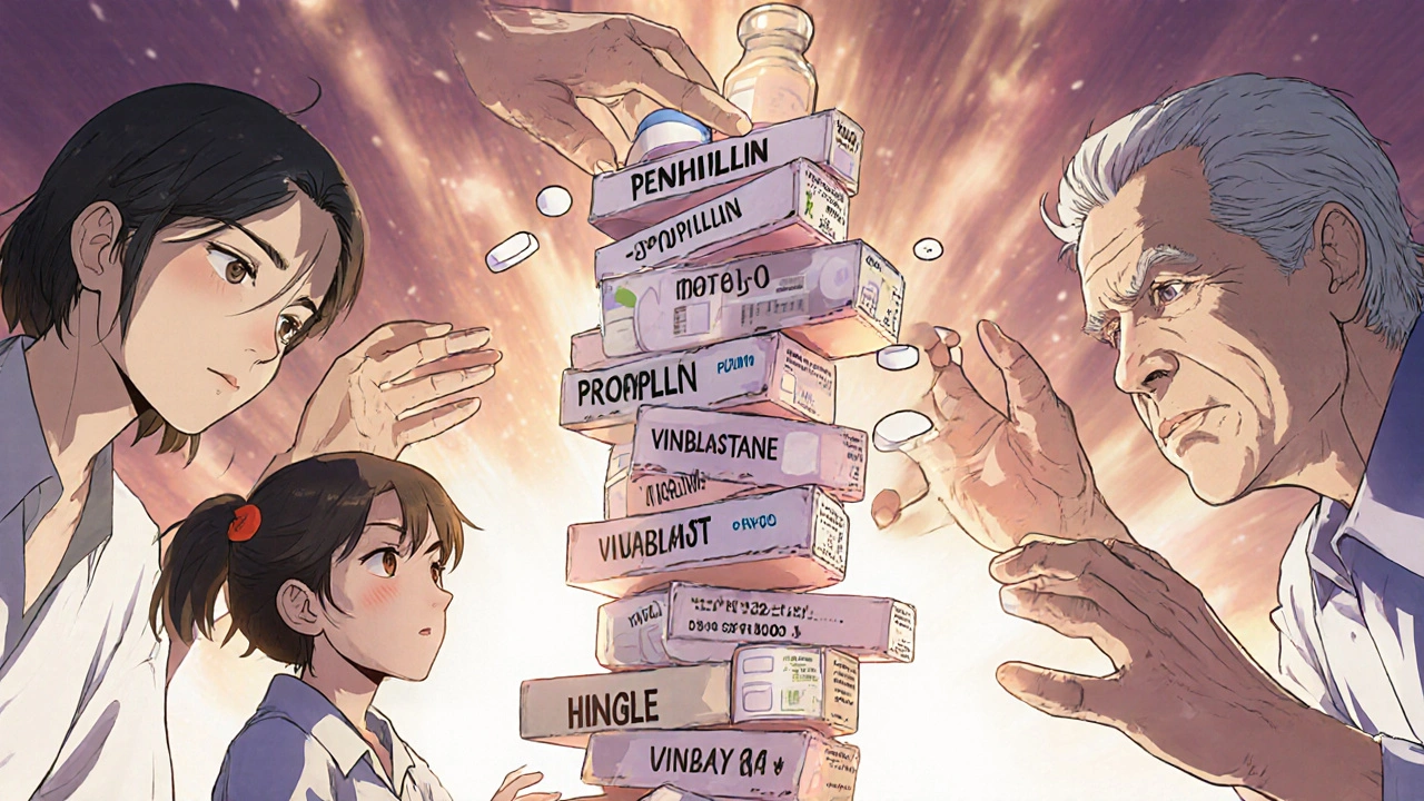 Tour de Jenga en bouteilles de médicaments qui s&#039;effondre, avec des patients tendant les mains.