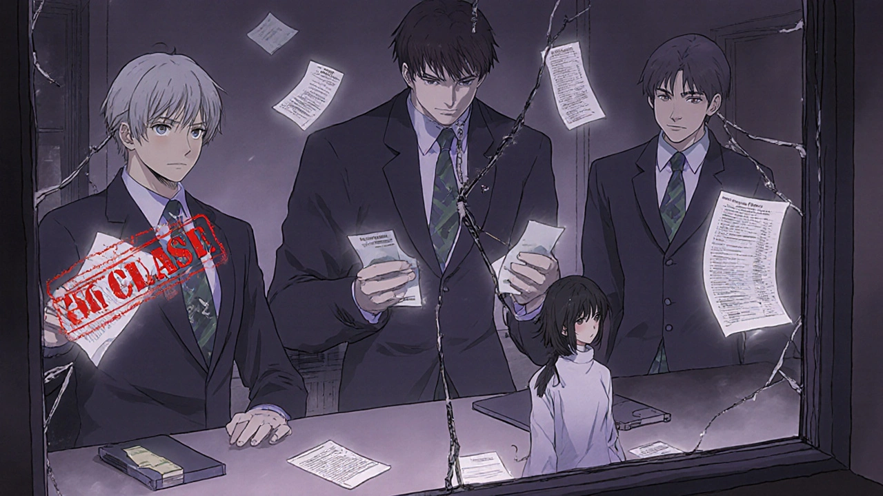 Trois géants corporatifs manipulent des prix cachés derrière une pharmacie, tandis qu&#039;un pharmacien et un patient sont invisibilisés.