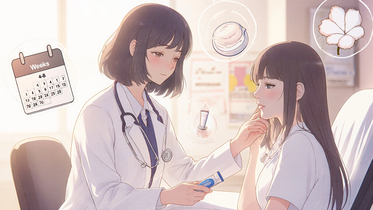 Un dermatologue explique le traitement du psoriasis génital à un patient, dans un cadre apaisant.