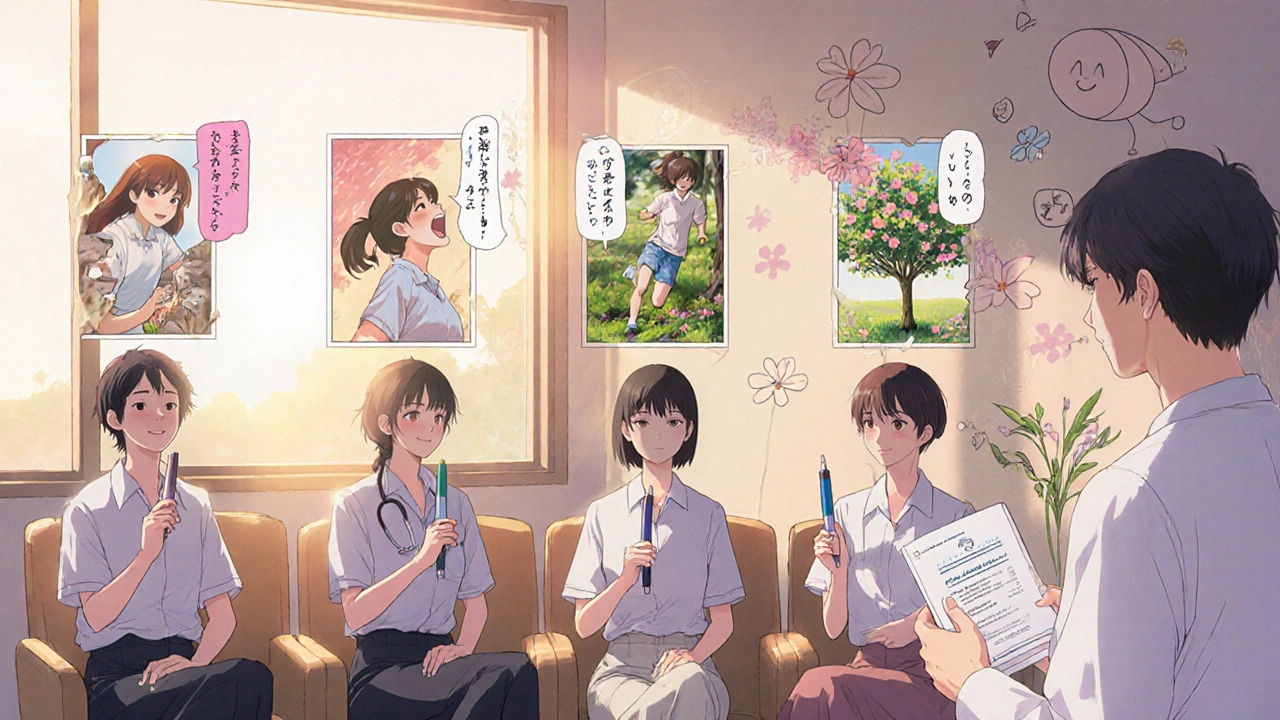 Un groupe de patients dans une salle d&#039;attente, chacun avec un stylo d&#039;injection biologique, entouré de fleurs et de scènes de vie retrouvée.