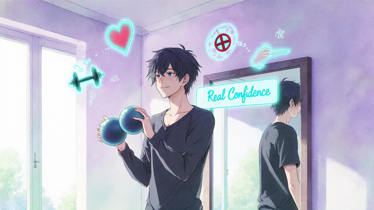 Un homme sourit devant un miroir, entouré de symboles de confiance : sport, communication et connexion émotionnelle.