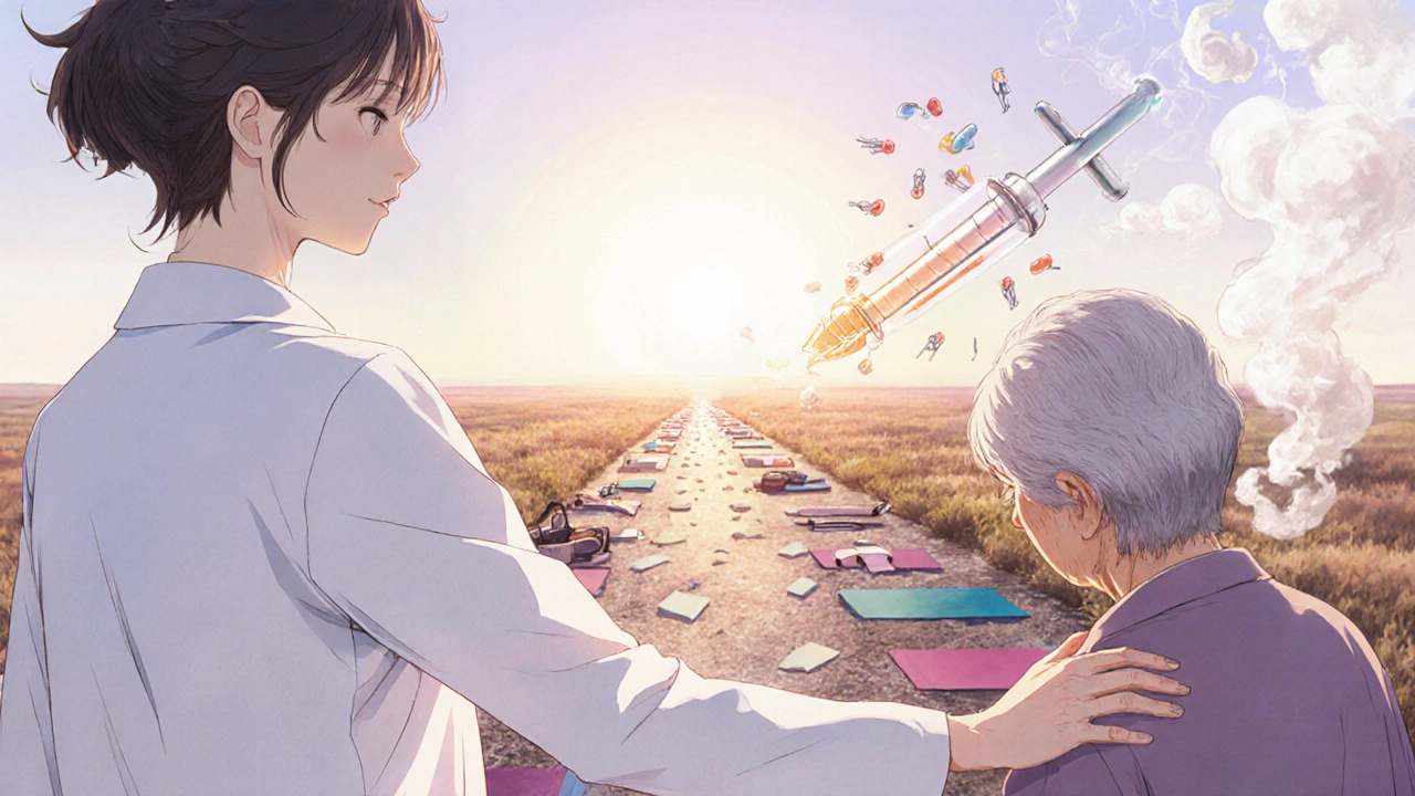 Un médecin rassurant accompagnant un patient âgé vers un avenir éclairé par des traitements non-opioïdes, une seringue brisée au sol.