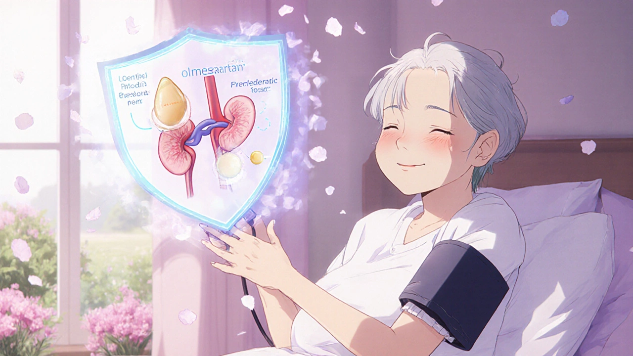 Un patient âgé vérifie sa pression à la maison, un bouclier moléculaire protège ses organes en arrière-plan.