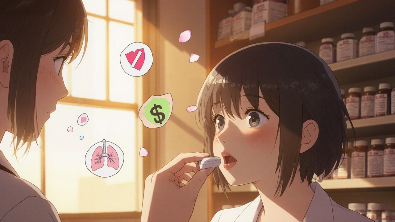 Un patient avale un comprimé d&#039;amoxicilline sous la surveillance bienveillante d&#039;un pharmacien.