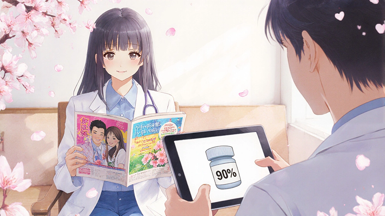 Un patient regarde une publicité pharmaceutique dans un bureau de médecin, tandis qu’un écran affiche une version générique moins chère.