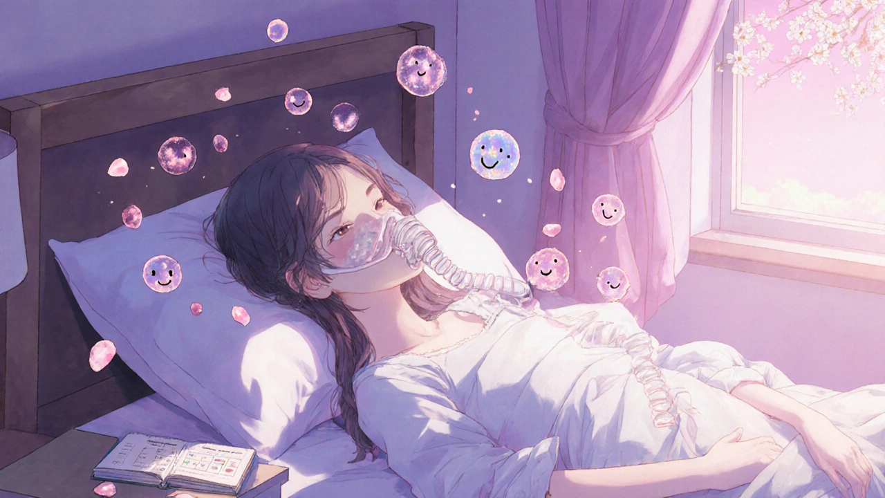 Une femme endormie paisiblement, des cellules inflammatoires se transformant en pétales autour d&#039;elle.