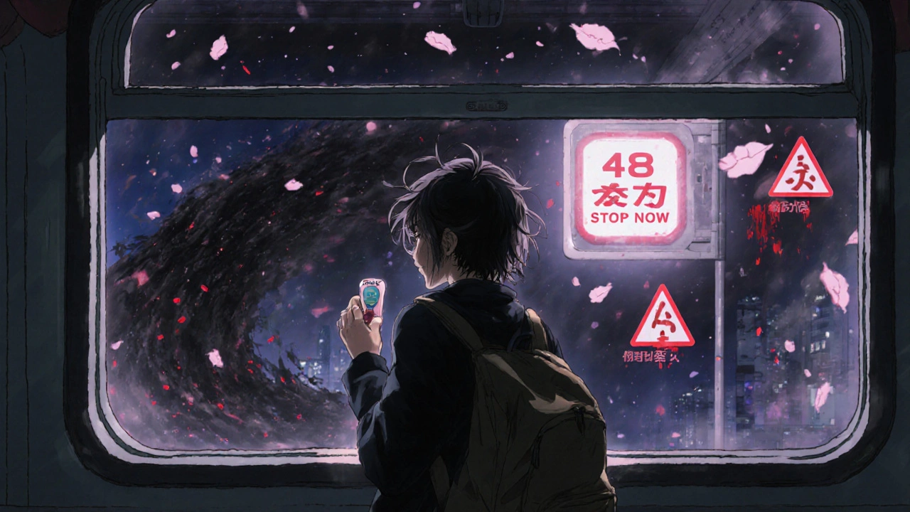 Voyageur dans un train, tenant un comprimé, ombre transformée en symbole de danger et de déshydratation.