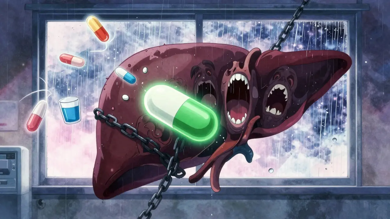 Bataille symbolique entre un comprimé antifongique et un monstre foie sombre, entouré d'interactions médicamenteuses et d'objets d'avertissement.