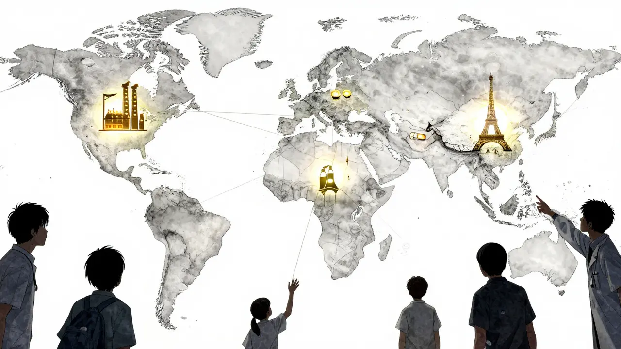 Carte de l'Europe avec des médicaments qui tombent du ciel, reliés à des usines en Asie.
