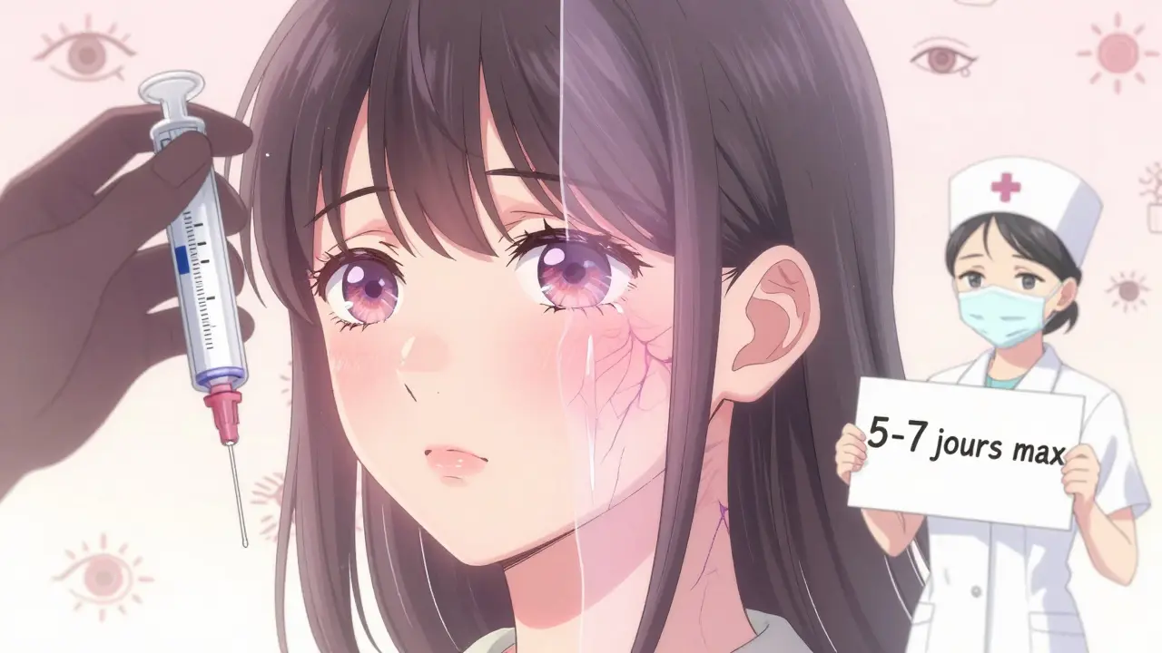 Comparaison artistique de peau saine et de peau amincie sur le visage, avec des signes d'atrophie cutanée.