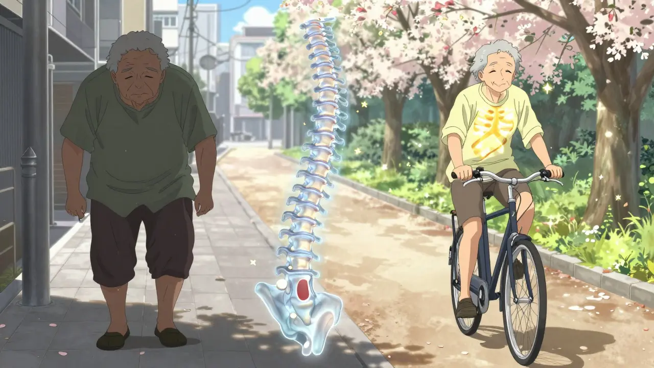 Comparaison en deux parties : une personne marchant avec difficulté d’un côté, et la même personne vélo en pleine lumière de l’autre.