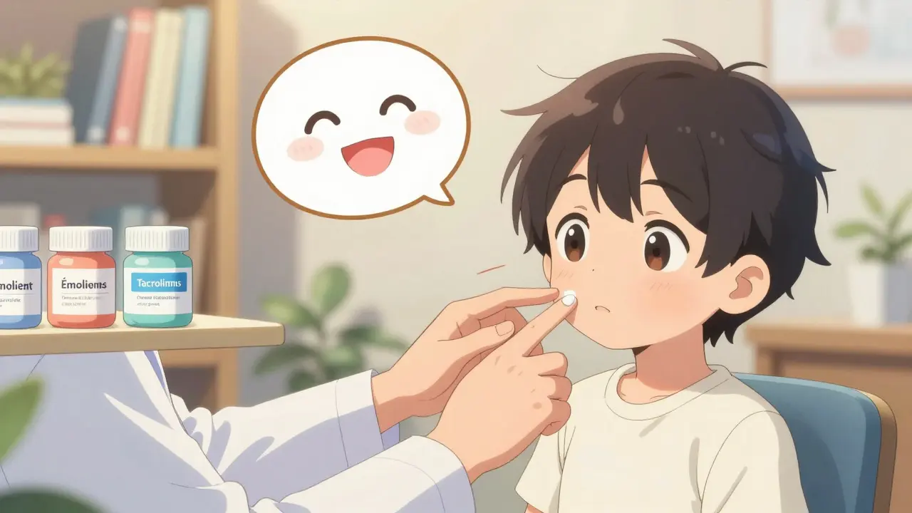 Dermatologue guidant un enfant pour appliquer correctement un stéroïde faible sur la joue, dans un climat apaisant.