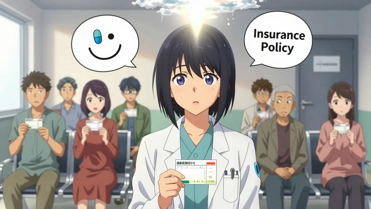 Des patients dans une salle d’attente, leurs pensées visuelles représentées par des bulles flottantes sur des ordonnances.