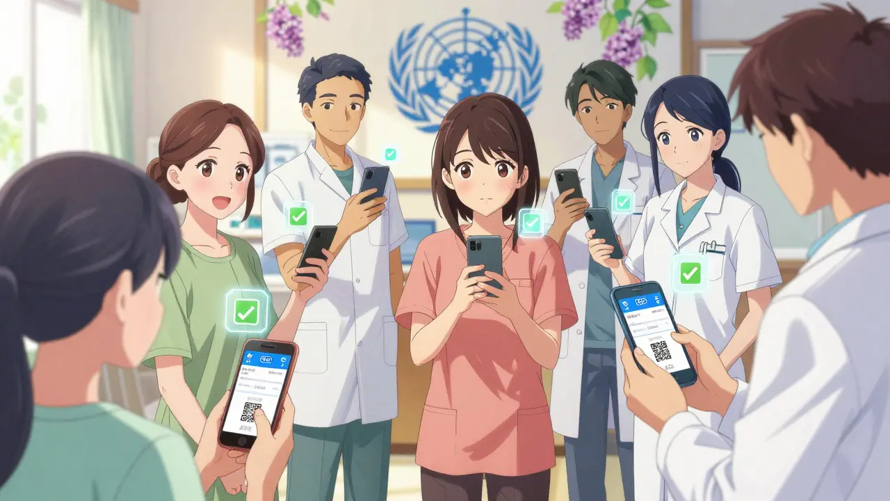 Des patients et soignants vérifient ensemble des médicaments grâce à des codes QR, des icônes de vérification flottent autour d'eux.