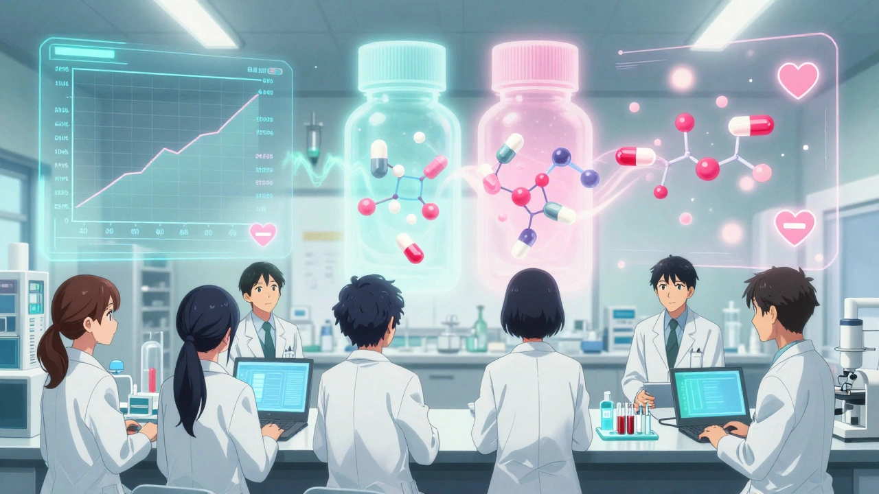 Des volontaires dans un laboratoire voient des données de bioéquivalence flotter sous forme de graphiques et d&#039;icônes cardiaques en lumière douce.