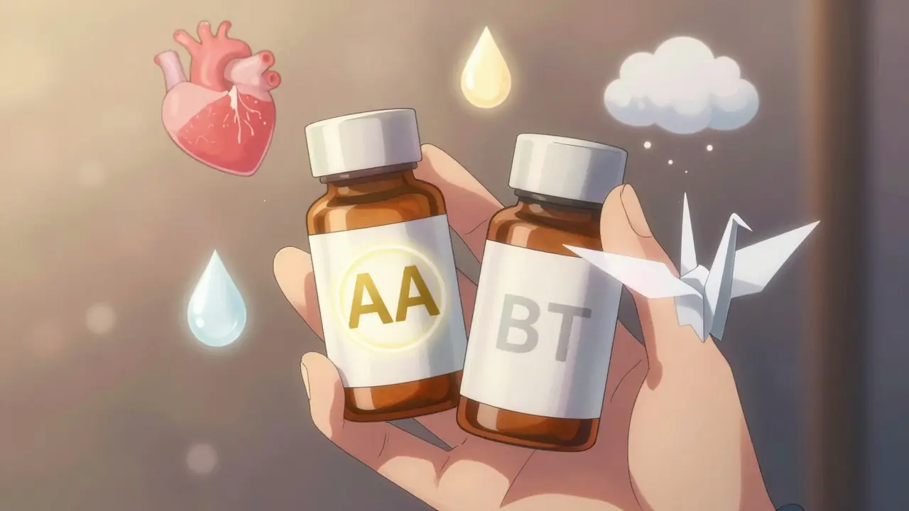 Deux bouteilles de médicaments avec des codes 'AA' et 'BT' flottent avec des symboles scientifiques lumineux.