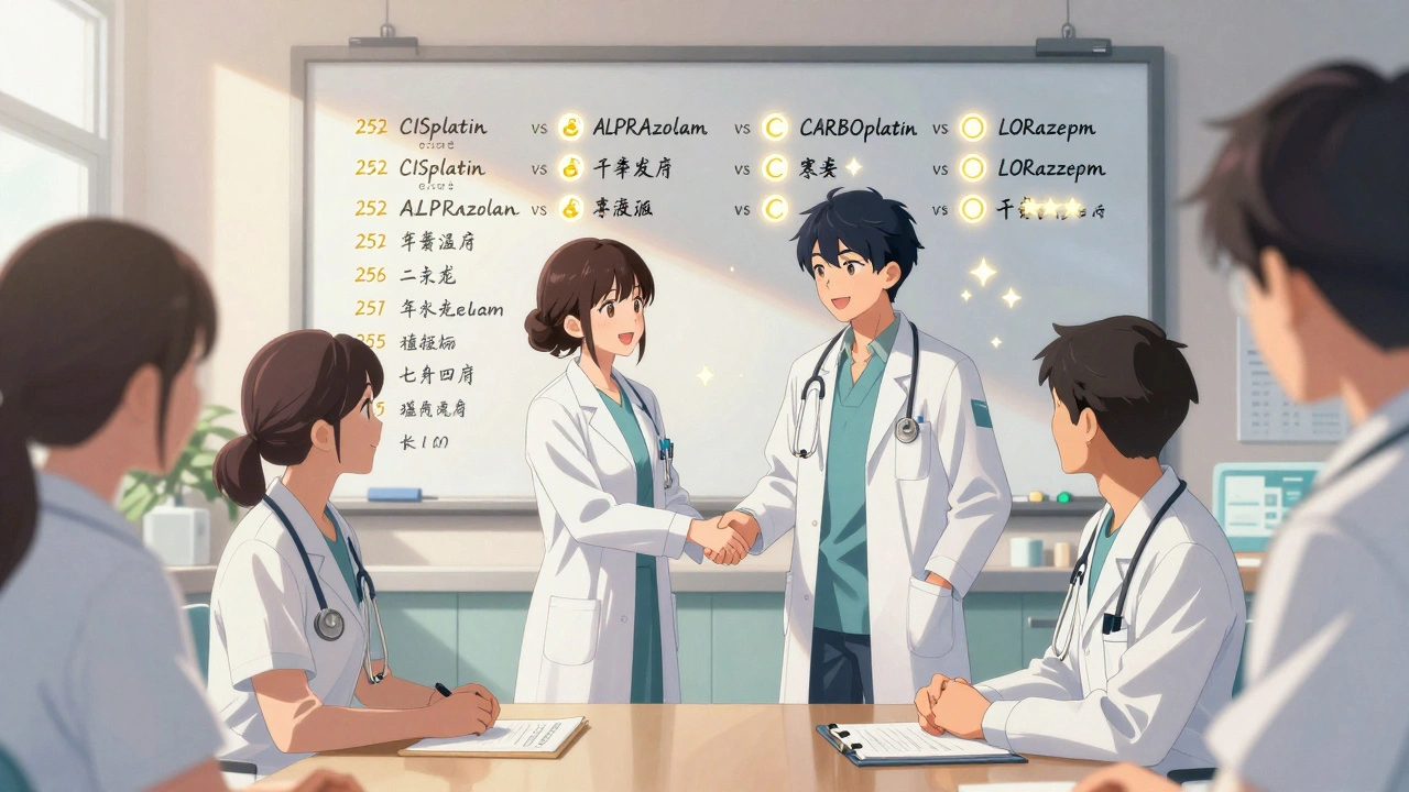 Équipe médicale observe une affiche avec des paires de médicaments différenciées par des lettres en majuscule lumineuses.