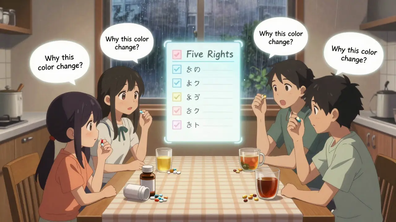 Famille réunie autour d'une table avec tous leurs médicaments étalés, une liste magique flottant au-dessus.