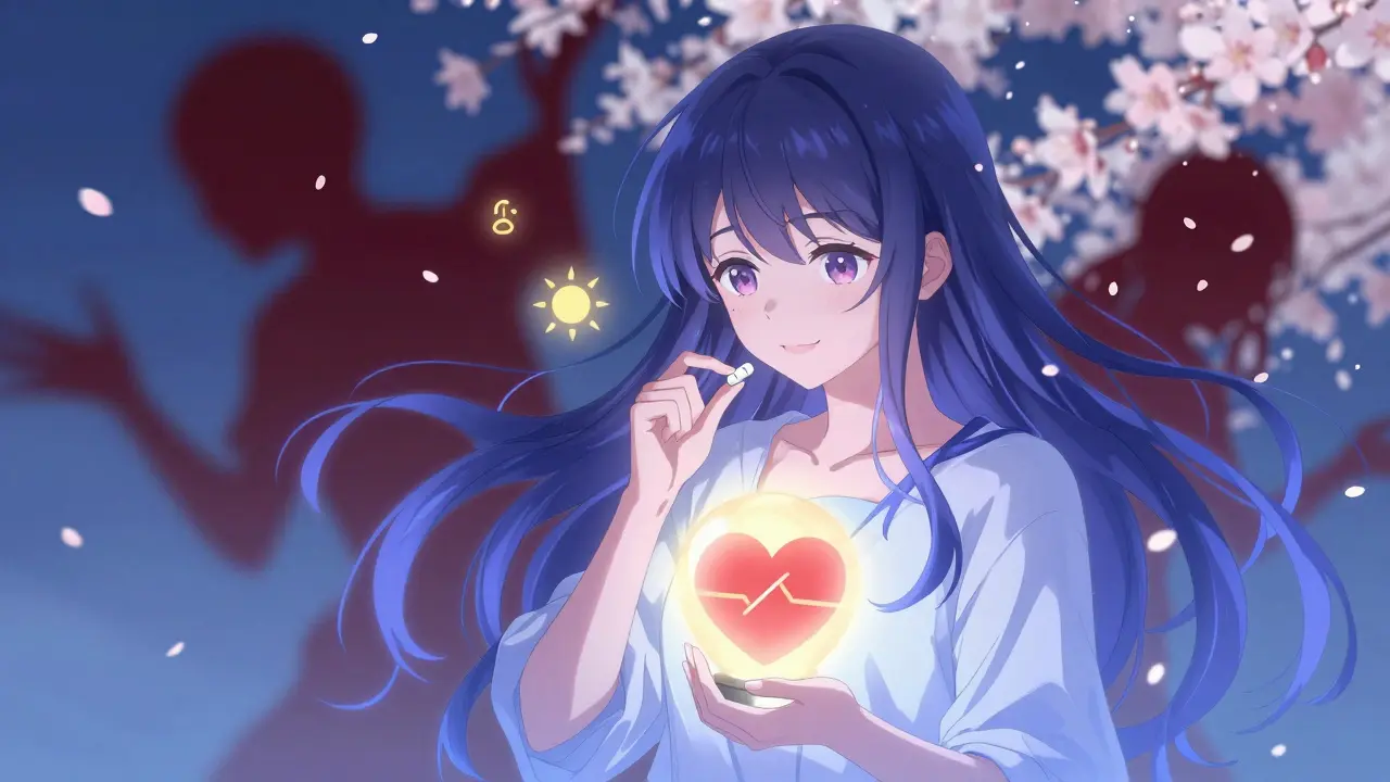 Fille apaisée prenant un traitement non stimulant, cœur doux et auras calmes, ombres des stimulants qui s'éloignent.