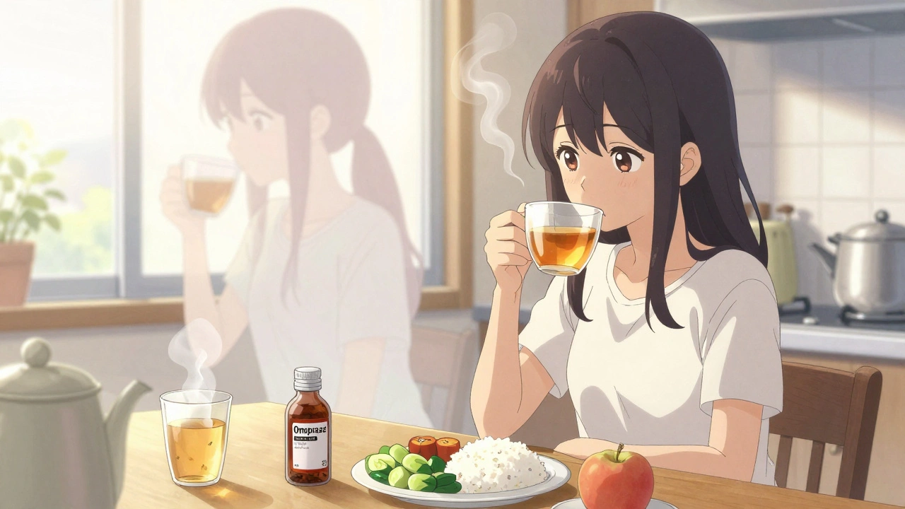 Fille buvant du thé le matin, remplaçant café et cigarette par des aliments doux, dans un style manga apaisant.