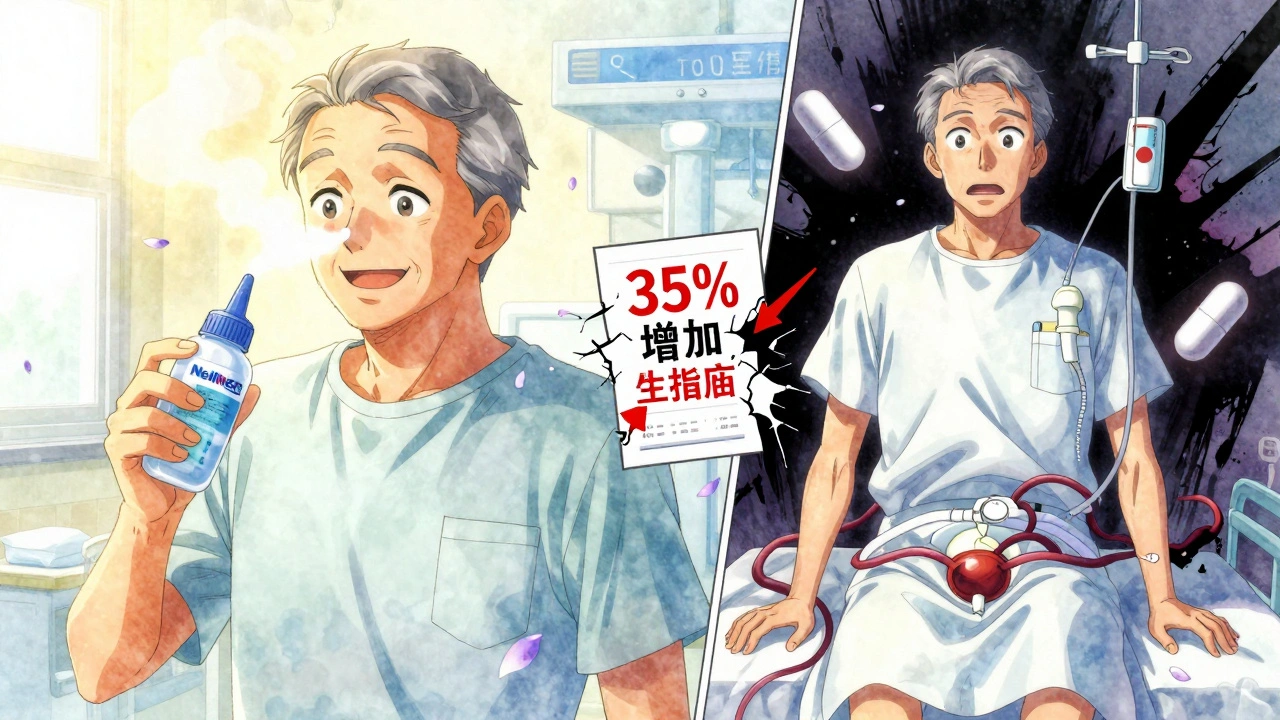 Homme en train de se rincer le nez avec une solution saline, contrasté avec une image hospitalière sombre dans le fond.