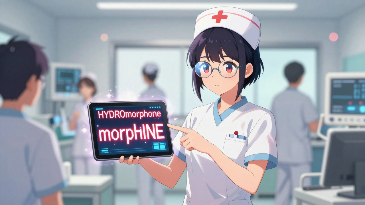 Infirmière pointe une tablette affichant des noms de médicaments avec des lettres brillantes en majuscule en salle d'urgence.