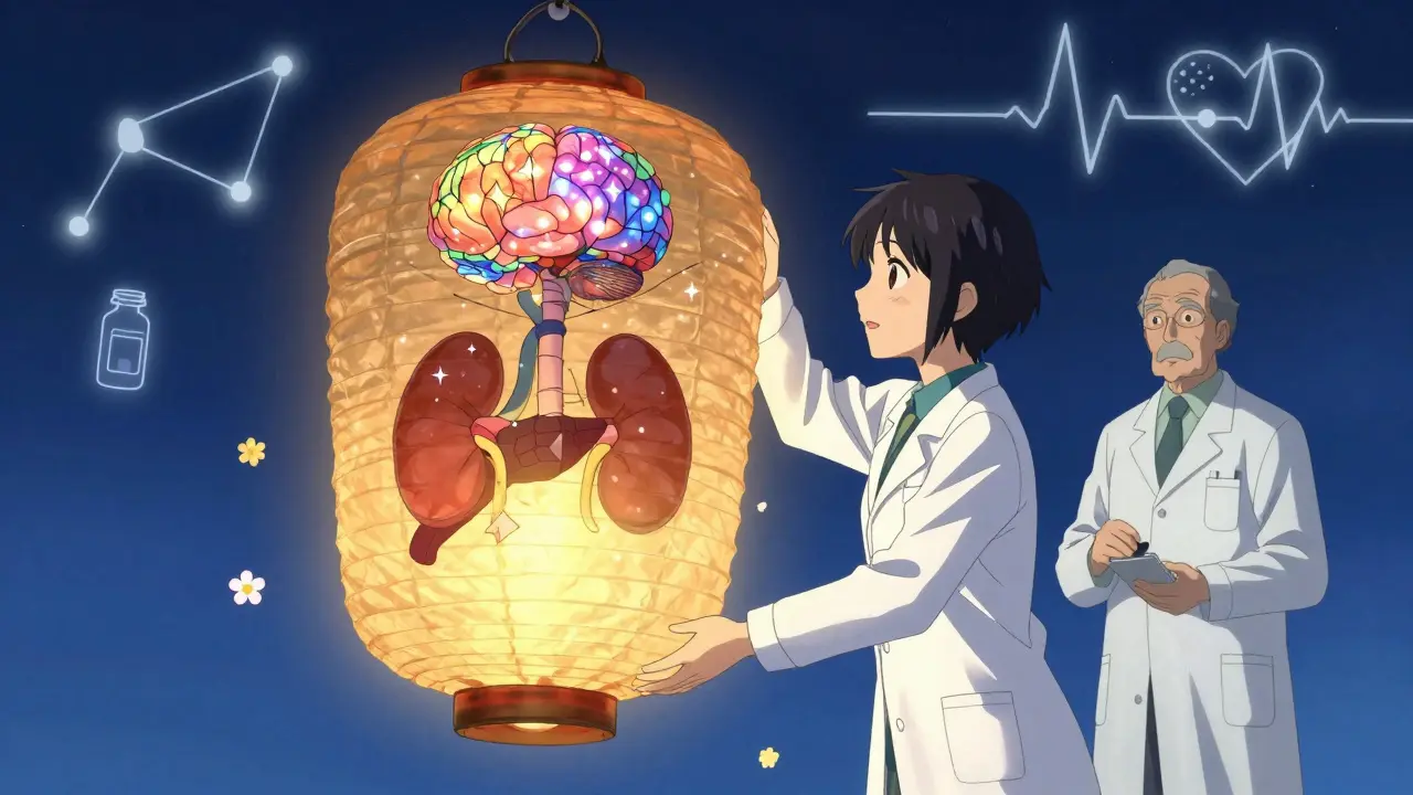 Le corps d'une personne âgée représenté comme une lanterne de papier, ajustée par un médecin et un pharmacien dans un ciel étoilé.