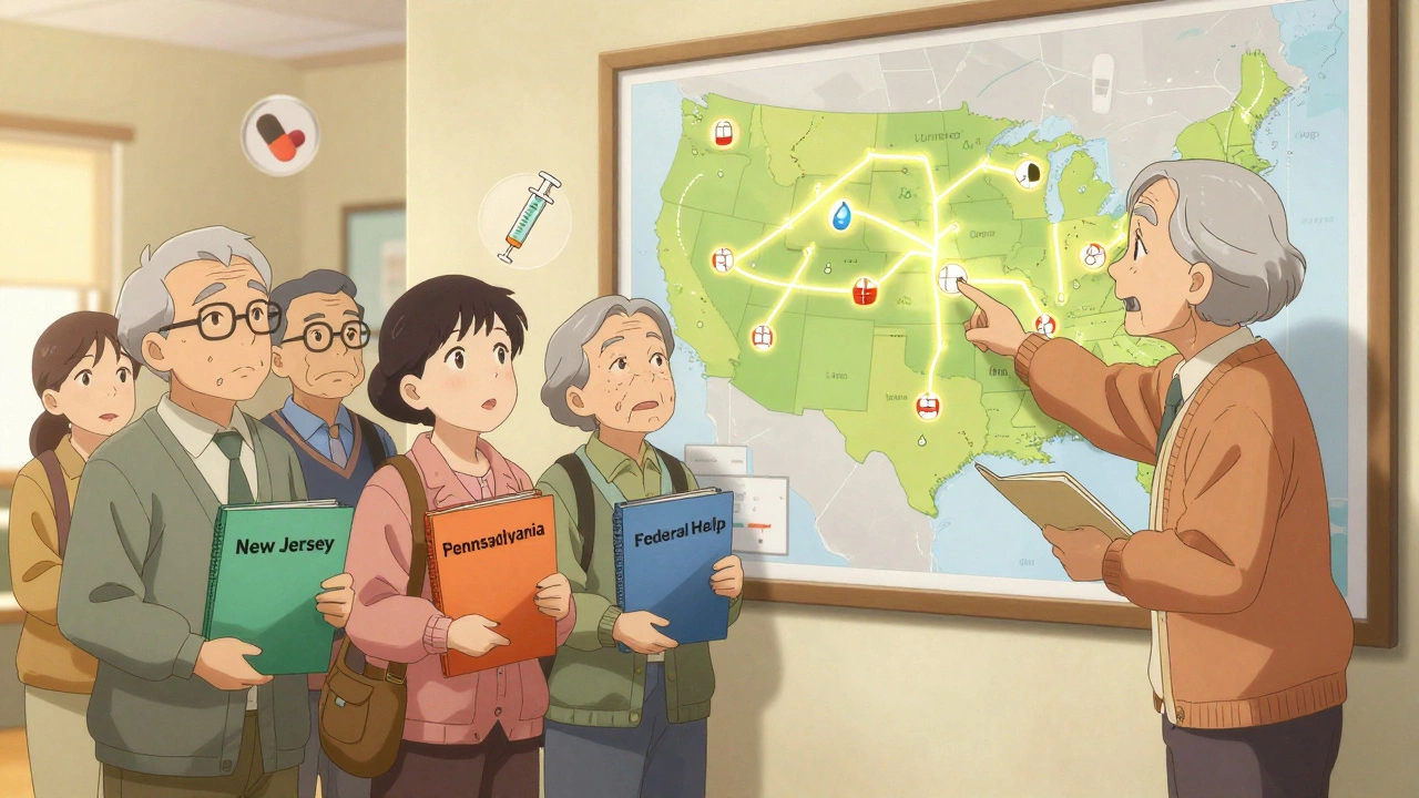 Personnes âgées dans un centre communautaire, regardant une carte des États-Unis avec des chemins lumineux vers des médicaments, aidées par un conseiller.