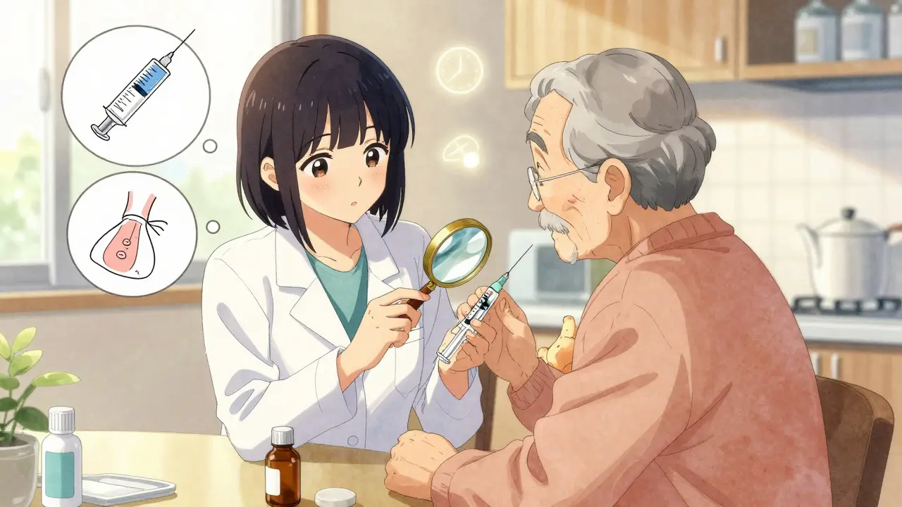 Pharmacien montrant à un aîné comment utiliser une seringue sous-cutanée, à la cuisine.