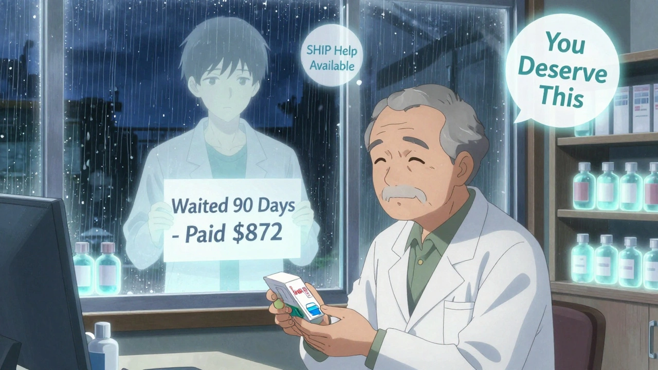 Pharmacien remet un médicament à un homme âgé, tandis qu&#039;une ombre flottante montre le coût qu&#039;il a payé en attendant l&#039;aide.