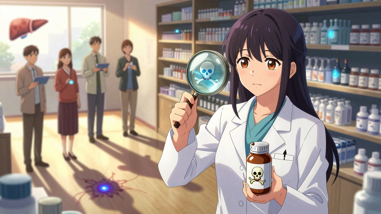 Pharmacienne examinant un complément goldenseal, des patients derrière elle projettent des ombres de foies menacés.