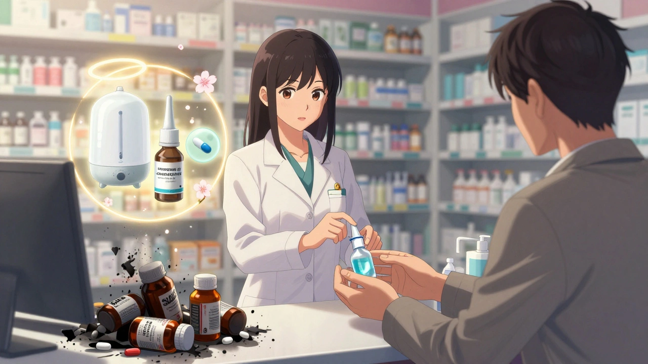 Pharmacienne offrant un spray nasal et un rinçage nasal à un homme, tandis que les médicaments dangereux se transforment en cendres.