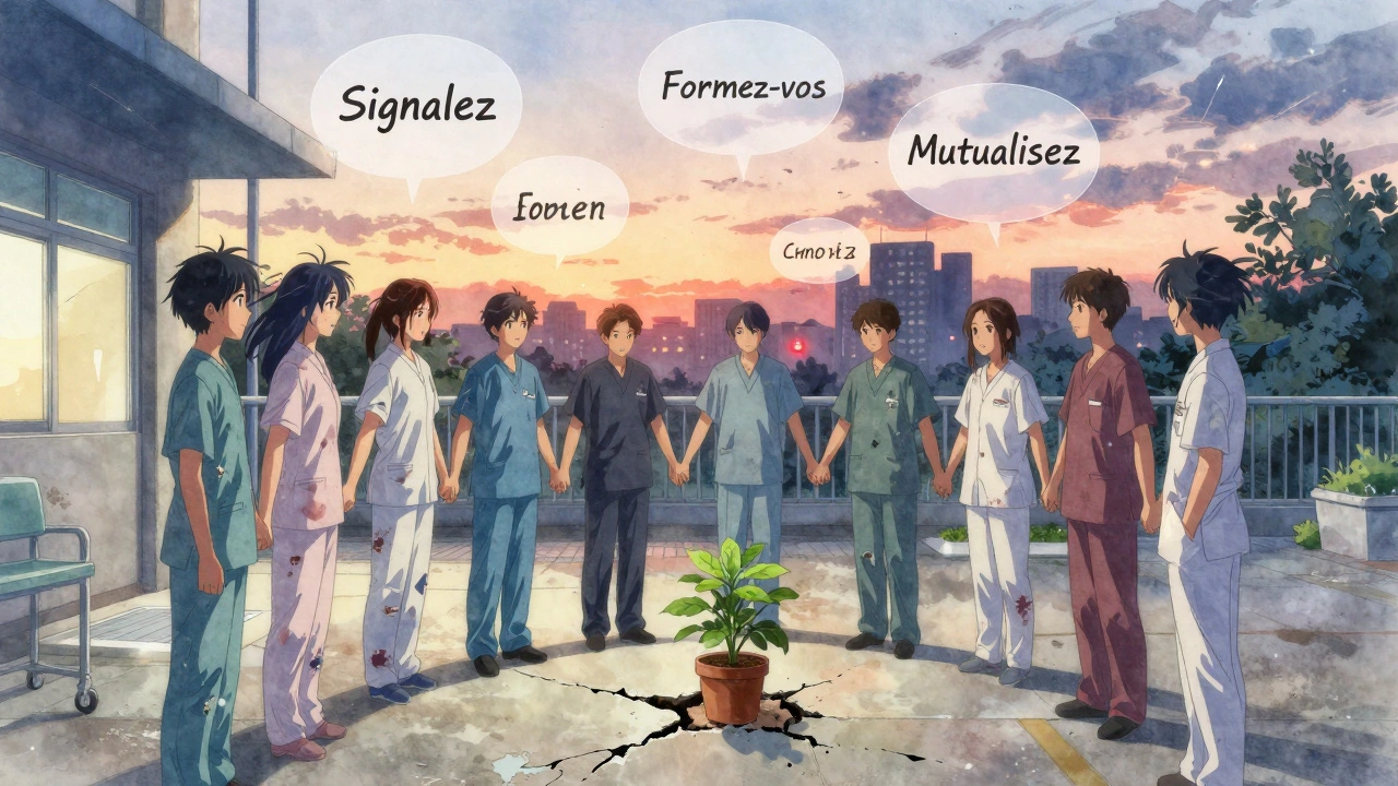 Professionnels de santé tenus par la main autour d'une plante qui pousse dans le béton, symbole de résilience au coucher du soleil.