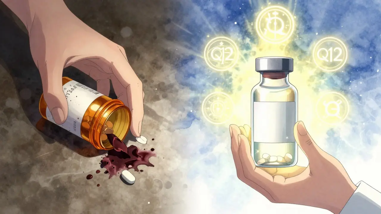 Scène divisée : d’un côté, un médicament dégradé en ombres toxiques ; de l’autre, une fiole protégée par des symboles de normes internationales.