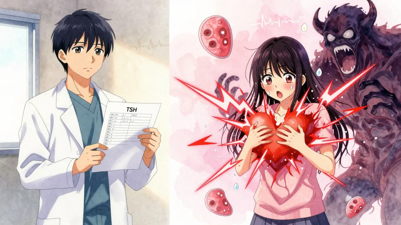 Scène divisée : médecin avec un test thyroïdien normal d'un côté, patiente en crise cardiaque sous Adderall de l'autre.