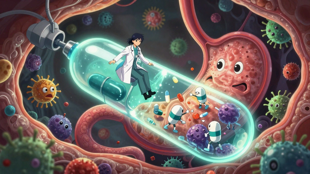 Scène médicale fantastique : un médecin miniature combat des bactéries dans un estomac lumineux en style manga.