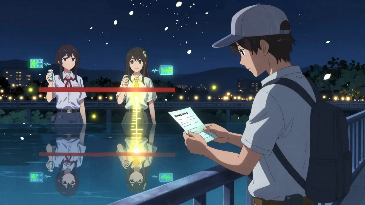 Un chauffeur sur un pont la nuit, son reflet montrant deux chemins : l'un interdit, l'autre vers l'espoir.