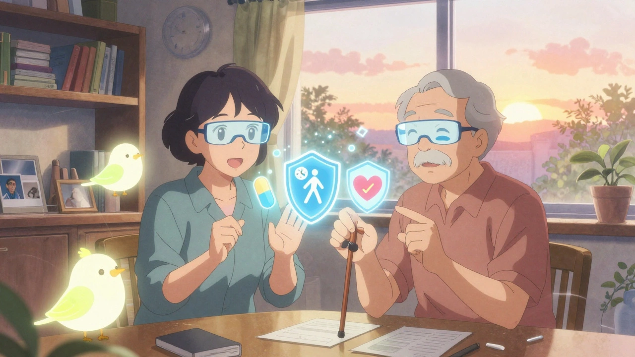 Un couple âgé voit des icônes animées flotter au-dessus de leurs mains grâce à des lunettes intelligentes.