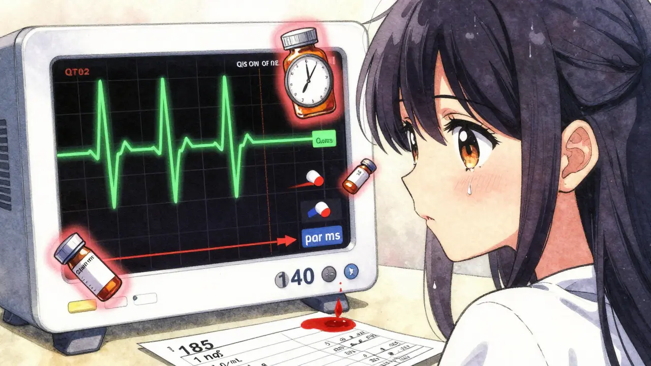 Un électrocardiogramme anormal avec des valeurs de concentration sanguine flottantes, symbolisant un risque toxique.