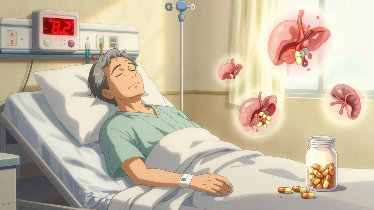 Un homme âgé à l&#039;hôpital, un indicateur INR à 8.2 clignote au mur, des gélules de ginkgo se répandent sur le sol.