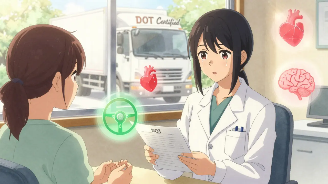 Un médecin certifié DOT examine en douceur les médicaments d'un chauffeur dans un bureau apaisant.