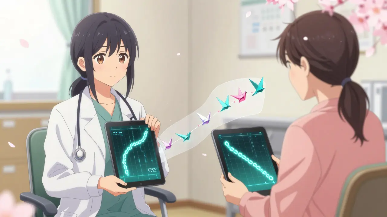 Un médecin et un patient observent ensemble un schéma génétique de pause médicamenteuse, dans une ambiance apaisante.