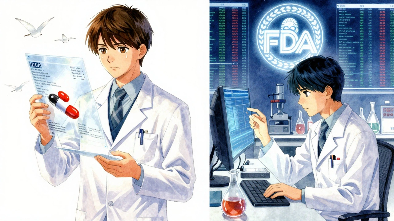 Un médecin européen et un scientifique américain analysant des données de médicaments dans des scènes contrastées.