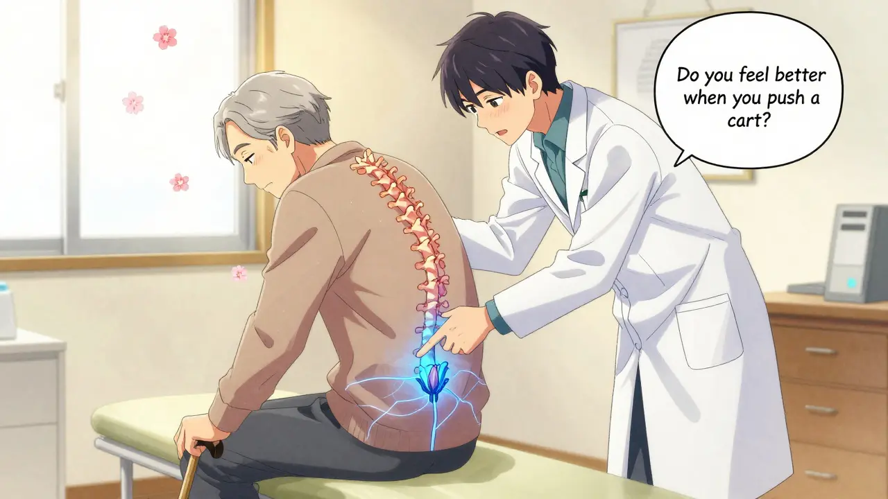 Un médecin pose une question à un patient âgé dans un bureau doux, avec des motifs de fleurs et de lumière chaleureuse.