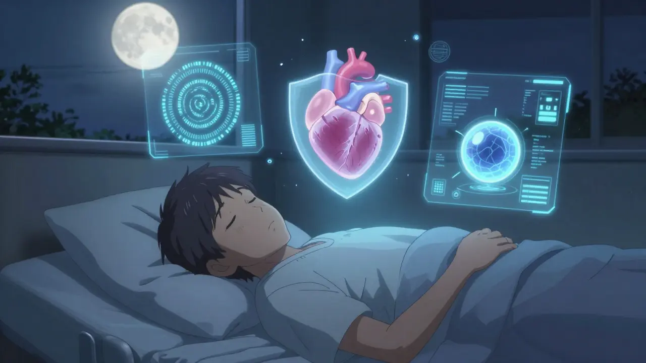 Un patient endormi entouré d'interfaces technologiques douces représentant la surveillance thérapeutique.