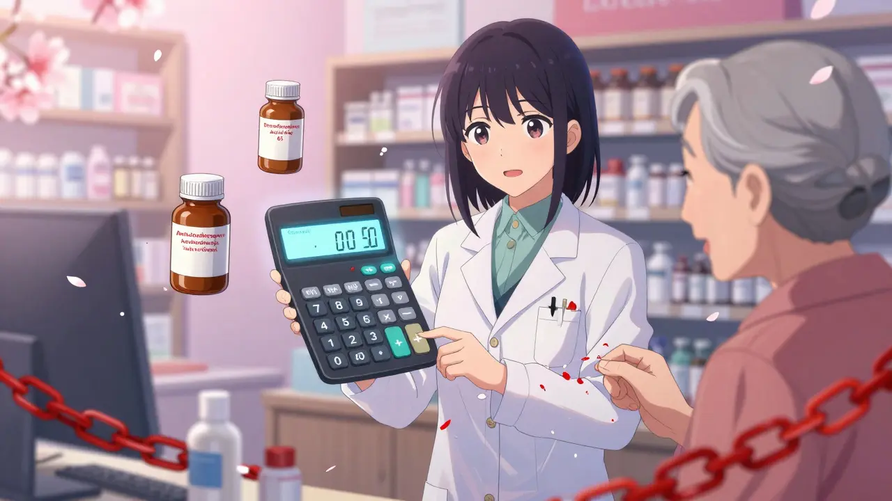 Un pharmacien calcule la clairance rénale avec une équation flottante, entouré de médicaments à éviter chez les seniors.