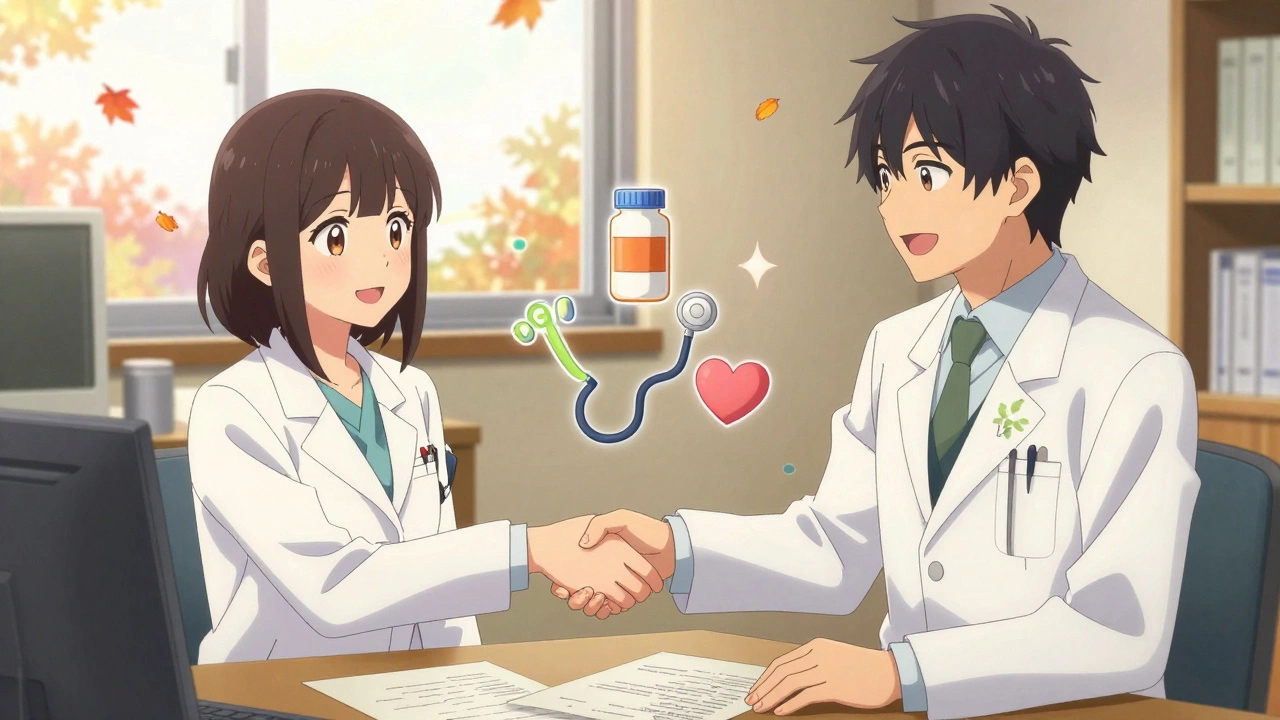 Un pharmacien et un médecin signent un accord de pratique collaborative, mains tendues dans une lumière dorée.