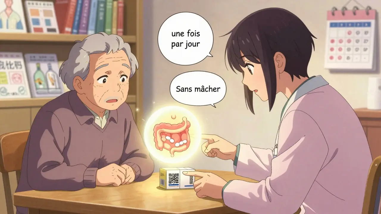 Un pharmacien et un patient regardent une vidéo animée provenant d'un code QR sur une boîte de médicament.