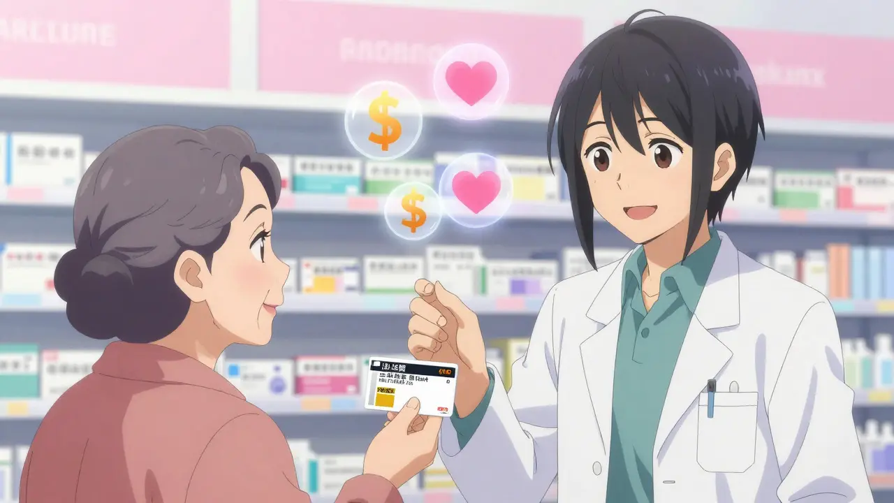 Un pharmacien remet un traitement de 90 jours à un patient, avec des icônes de économies flottant autour.