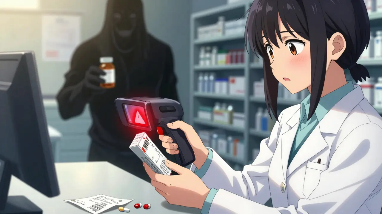 Un pharmacien voit une alerte rouge sur son lecteur de code-barres, tandis qu'une bouteille contrefaite est cachée dans l'ombre.